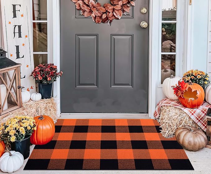 Cotton Buffalo Plaid Outdoor Rug 2x3ft Orange and Black Layered Doormat,Halloween Front Door Mat Outdoor,Farmhoue Woven Washable Checkered Rug for Porch, Entryway, Farmhouse, Autumn, Halloween