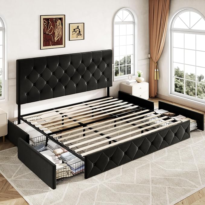 Allewie Upholstered King Size Platform Bed Frame with 4 Storage Drawers and Adjustable Headboard, Diamond Button Tufted, Wooden Slats Support, Noise-Free, No Box Spring Needed, Easy Assembly, Black