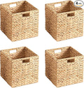 11x11x11 Wicker Storage Basket Set of 4, Water Hyacinth Woven Basket with Handles, Wicker Cube Storage Bins for Shelves, Foldable Square Storage Cubes for Living Room Bedroom Organizing, Natural