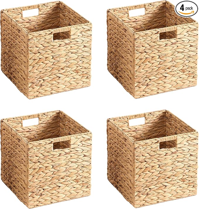 11x11x11 Wicker Storage Basket Set of 4, Water Hyacinth Woven Basket with Handles, Wicker Cube Storage Bins for Shelves, Foldable Square Storage Cubes for Living Room Bedroom Organizing, Natural