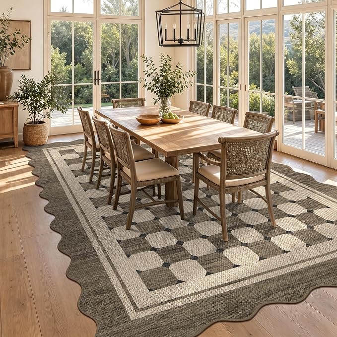 Garvee Easy Jute Checkered 8x10 Area Rug, Washable Scalloped Outdoor Rug for Patio Non-Slip Rugs for Living Room, Neutral Farmhouse Floor Carpet for Bedroom Dining Room Classroom 8'x10'