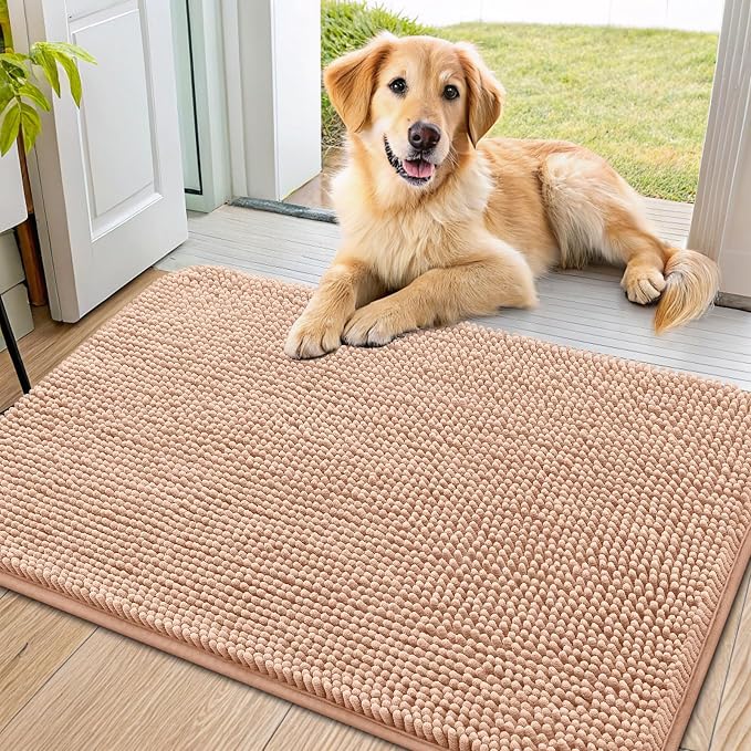 Smiry Dog Door Mat for Muddy Paws 40x24, Absorbent Dirt Trapper, Non-Slip Washable Chenille Entryway Rug for Inside Floor, Peach, Classic Solid