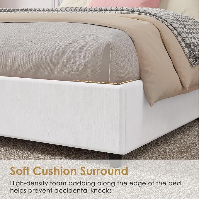 VECELO Queen Size Upholstered Bed Frame with 4 Storage Drawers, Adjustable Velvet Rivet Decor Headboard, Wooden Slats Platform Support, No Box Spring Needed, Easy Assembly,White