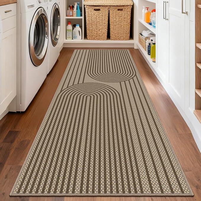 Faux Jute Hallway Runner Rug, 2' x 6' Kitchen Runner, Brown Farmhouse Ultra-Thin Washable Non-Slip Carpet Runner for Laundry, Bedroom, Backyard, Outdoor, Home Decor