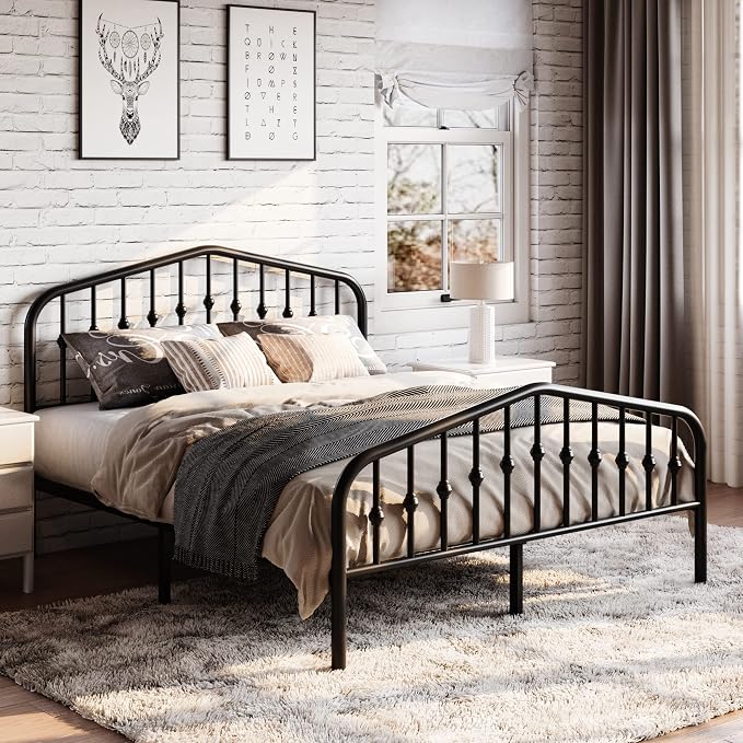 SHA CERLIN Queen Metal Bed Frame with Wrought Iron-Art Headboard, Black | Victorian Style Metal Platform Bed Frame, Wrought Iron-Art Headboard and Footboard, Under-Bed Storage, No Box Spring Needed