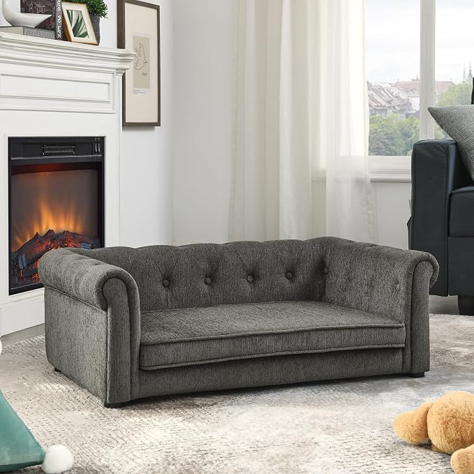38.9" Upholstery Elevated Dog Sofa with Button‑Tufted Backrest & Rolled Armrests, Pet Couch Bed with Removable Soft Cushion, Comfy Modern Deep Seat Raised Dog Bed for Living Room, Bedroom,Dark Grey