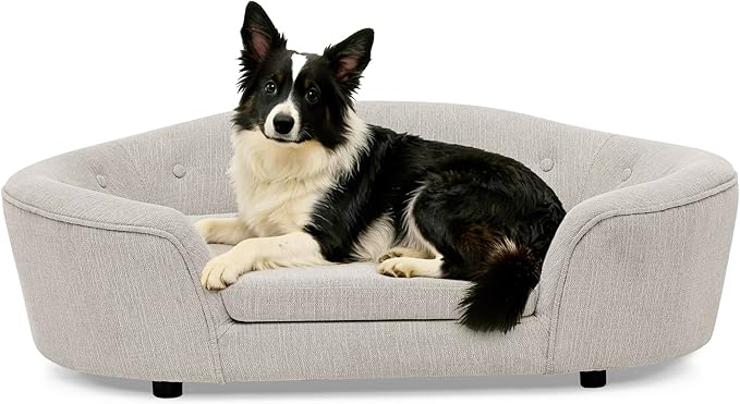 Dog Couch Bed with Oval Semi-Enclosed, Durable Linen Material Pet Sofa with Soft Foam Cushion, Dog Sofa Bed with Legs for Medium Dogs, Beige