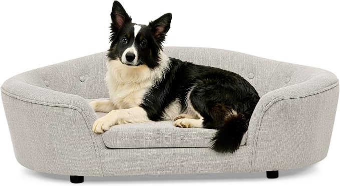Dog Couch Bed with Oval Semi-Enclosed, Durable Linen Material Pet Sofa Couch with Soft Foam Cushion, Dog Sofa Bed with Legs for Medium Dogs, Beige