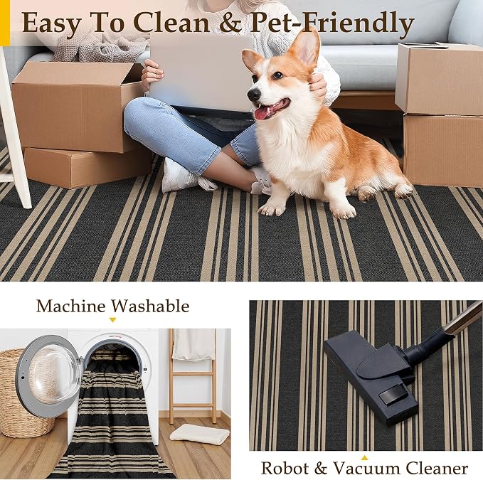 PureCozy Striped Easy Jute Rug 6x9 Black Living Room Carpet Washable Non Slip Bedroom Rug Farmhouse Neutral Non Shedding Indoor Outdoor Large Carpet for Dining Room Under Table Office
