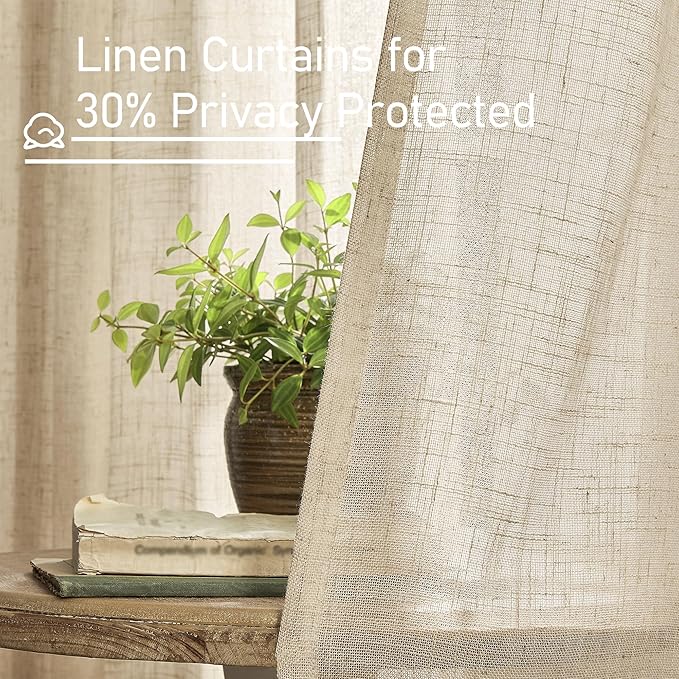 LAMIT Faux Linen Curtains 63 inches Long for Bedroom, Back Tab and Rod Pocket Linen Drapes Light Filtering Semi Sheer Curtains for Small Window/Farmhouse, 2 Panels (38 x 63 Inch, Brown)