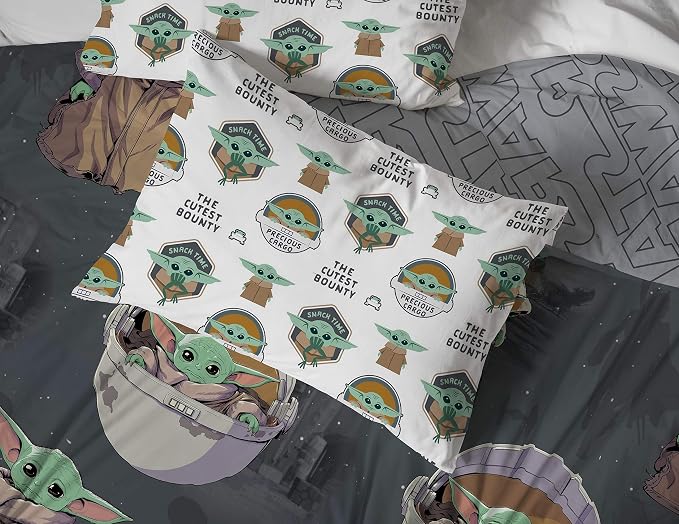 Star Wars Mandalorian Full Size Comforter Set 5 Piece Kids Bedding, Gray | Grogu Baby Yoda, Comforter Sheets Pillowcases, Official Product, Soft Microfiber, Machine Washable, Easy Care, Kids Gift
