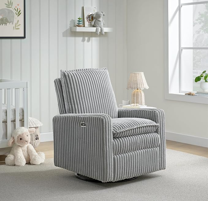 Oxford Baby Uptown Power Upholstered Glider Recliner Rocking Chair 270° Swivel for Nursery and Living Room – Corduroy Ash Gray, Green Guard Gold Certified