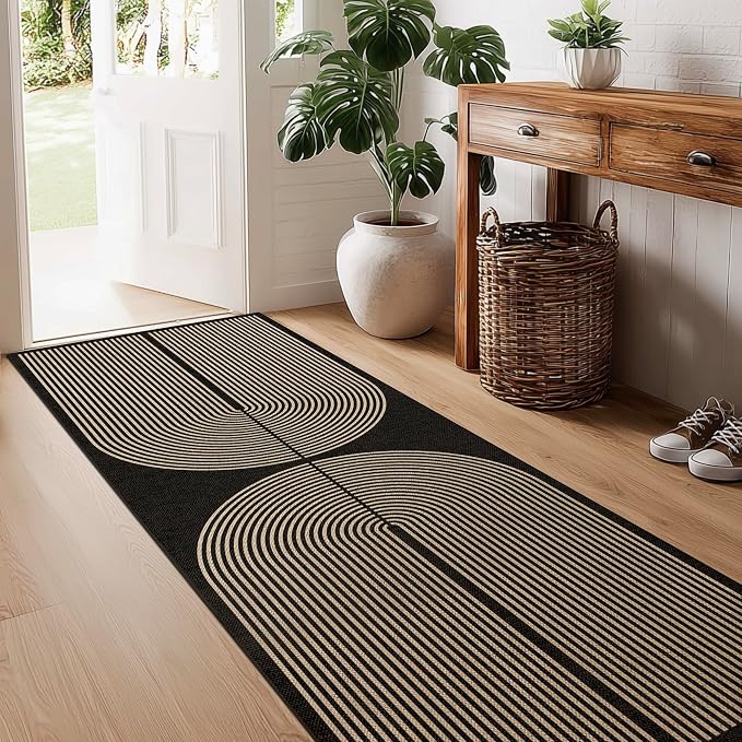 Washable Rainbow Easy Jute Runner Rug, 2x8 Outdoor Indoor Patio Modern Geometric Contemporary Area Rugs, Low Pile Lightweight Non Slip Neutral Long Runner Carpet for Hallway Kitchen 8ft Entryway Porch