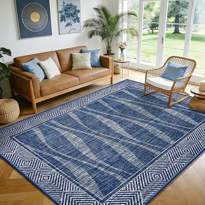 Easy Jute Rug 5x7 Outdoor Patio Rug with Border, Washable Rugs for Living Room, Farmhouse Non Slip Area Rugs with Rubber Backing Indoor Outdoor, Non Shedding Carpet for Bedroom, Courtyard, Blue