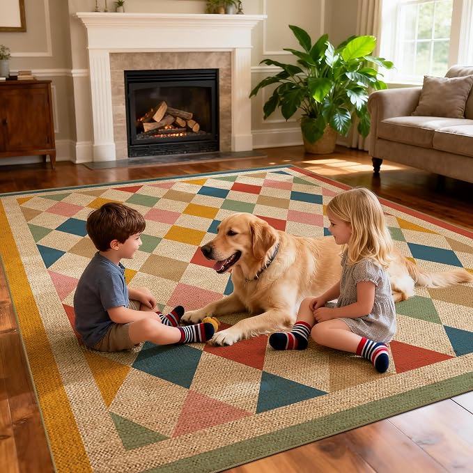 Washable Checkered Easy Jute Rug 5x7, Colorful Checkerboard Geometric Modern Outdoor Indoor Patio Large Area Rug, Woven Thin Carpet Mat for Living Room Bedroom Classroom Kids Nursery Play Room