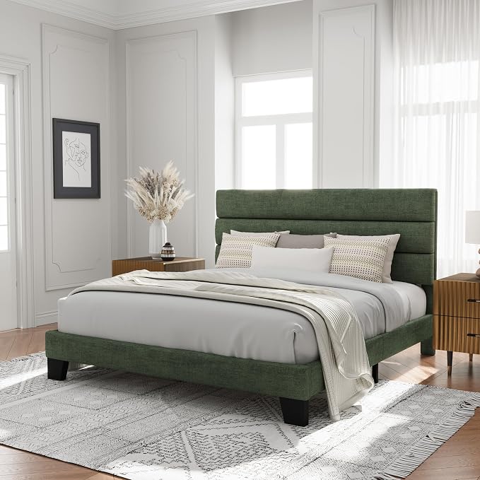 Allewie King Size Platform Bed Frame with Velvet Upholstered Headboard and Wooden Slats Support, Fully Upholstered Mattress Foundation/No Box Spring Needed/Easy Assembly, Green