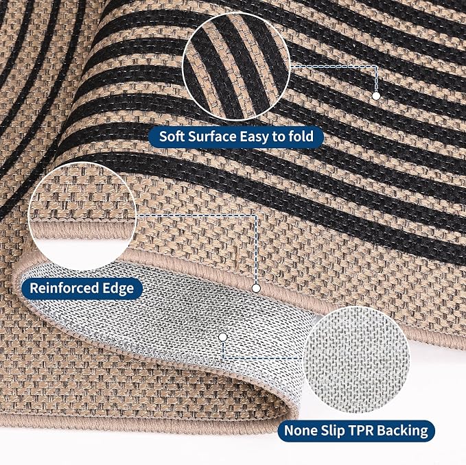 COZYLOOM Easy Jute Rugs for Entryway 2x6 Kitchen Runner Rug Non Slip, Modern Arch Striped Washable Rug Stain Resistant Farmhouse Carpet Non Shedding Foldable Mats for Bedroom, Patio, Nature＆Black