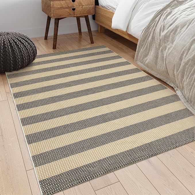 OJIA Indoor Outdoor Rugs 4'x6', Washable Outdoor Patio Rug Tan Camping Rug | Front Porch Rug Cotton Woven Outdoor Mat Entryway Rugs Indoor Area Rugs Floor Mat for Backyard/Kitchen/Bedroom/Living Room