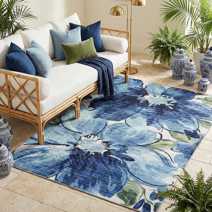 ReaLife Rugs Machine Washable Indoor Outdoor - Mat Rug Foldable Printed Thin Lightweight Cushioned Fade Resistant Patio Deck Dock Porch Pool Balcony Camping - Kai - Blue Green 4' x 6'
