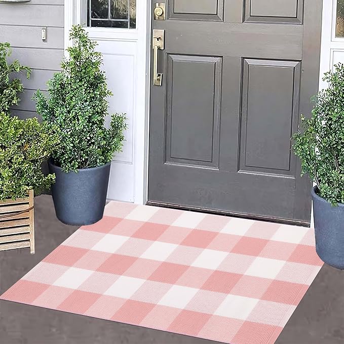 Pink and White Outdoor Rug 24''x35'' Buffalo Plaid Porch Mat Cotton Woven Machine Washable Carpet for Layered Doormat Hello/Welcome Door Mat,Kitchen,Farmhouse,Entryway