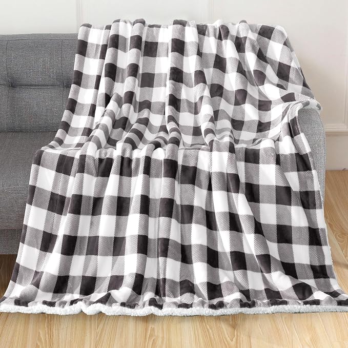 Elegant Comfort Luxury Ultra-Plush Velvet Touch Buffalo Plaid Fleece Throw - Soft, Warm, Cozy Micromink Sherpa-Backing Reversible Blanket for Bed, Sofa and Couch, Buffalo Gray