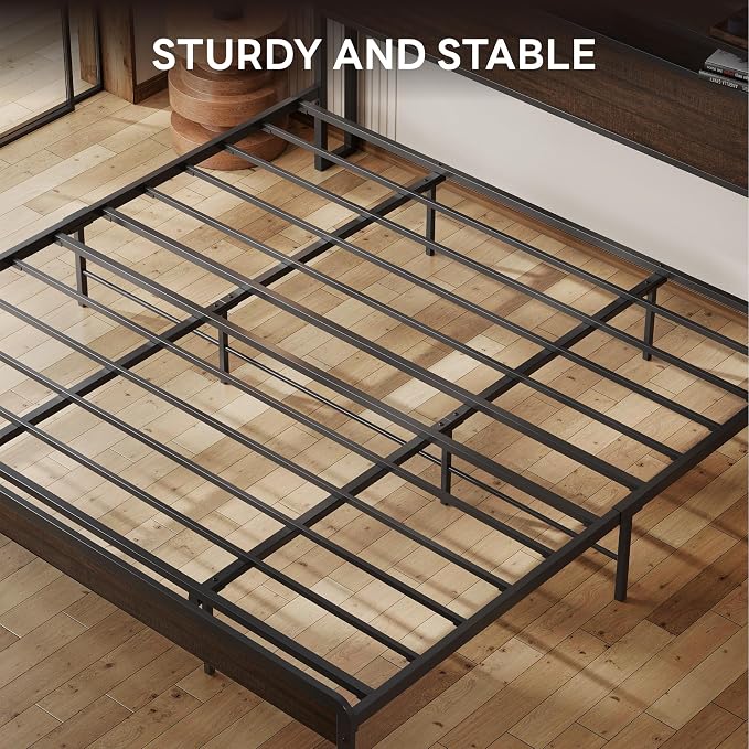 LIKIMIO King Size Bed Frame with 2-Tier Storage Shelf Headboard | Dark Wood Platform Bed, Camas King with Strong Metal Supports, Sturdy, Noise-Free, No Box Spring Needed, Dark Brown
