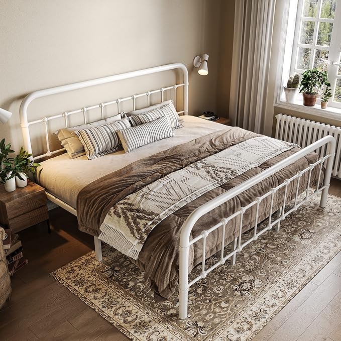 Allewie King Metal Bed Frame with Victorian Iron-Art Headboard, White | Victorian Style Wrought Iron-Art Headboard/Footboard, Easy Assembly, Under Bed Storage, No Box Spring Required