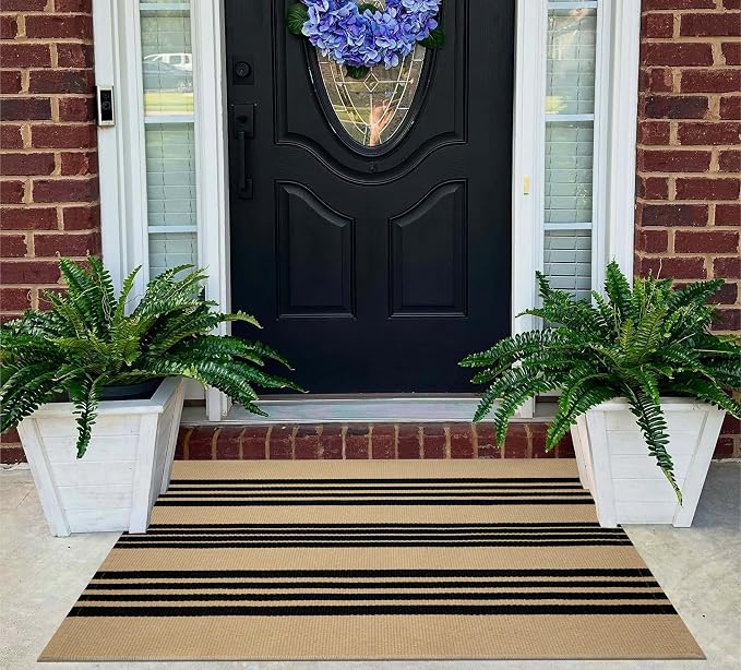 Tan and Black Outdoor Rug,2x3 ft Striped Small Area Rug Cotton Woven Washable Farmhouse Layered Door Mats for Entryway/Porch Decor/Kitchen/Home Entrance