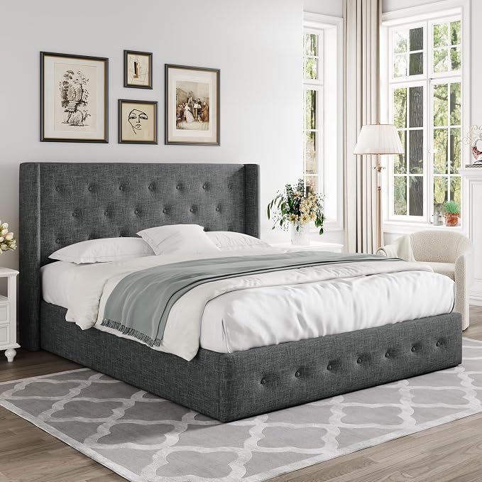 Allewie Full Size Lift Up Storage Button-Tufted Bed Frame Dark Grey | Modern Wingback Headboard, Hydraulic Support Storage, No Box Spring Needed