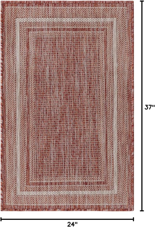 Unique Loom Outdoor Border Collection Area Rug - Soft Border (2' x 3' 1" Rectangle, Rust Red/ Ivory)