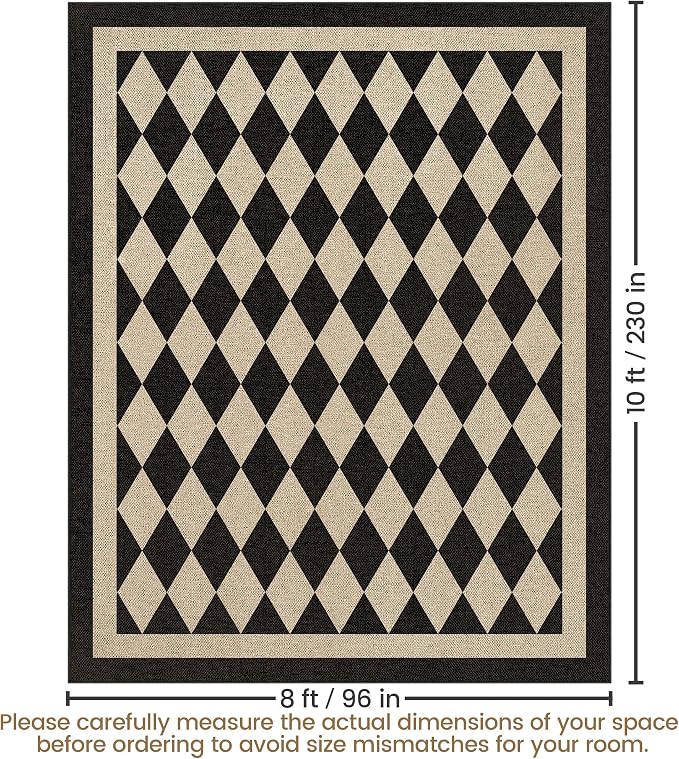 Washable Checkered Easy Jute Rug 8x10, Black Checkerboard Geometric Modern Outdoor Indoor Patio Large Rugs, Woven Thin Carpet Mat for Living Room Bedroom Classroom Nursery Play Room Backyard
