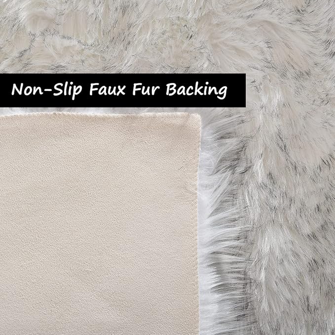 Goolela Faux Sheepskin Fur Rug 4x6 Fluffy Fuzzy Furry Carpet White with Grey Tips Shaggy Rug for Bedroom Living Room Bedside Plush Washable Sheepskin