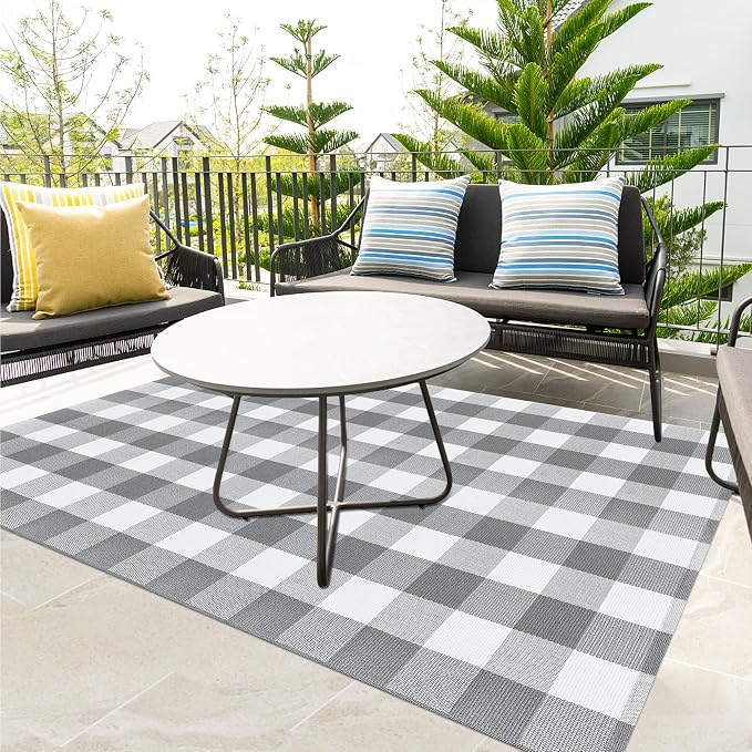 Buffalo Plaid Outdoor Patio Rug 4x6 Feet Buffalo Check Rug Cotton Woven Grey and White Checkered Outdoor Indoor Rug Washable Carpet for Living Room Dining Room Bedroom Farmhouse