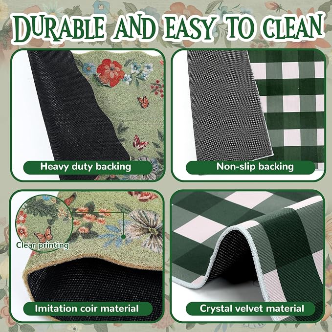 Fourluoo 2 Piece Floral Door Mat Floral Scalloped Coco Coir Doormats Green and White Plaid Welcome Mat 28 x 40 Inch Non Slip Boho Layering Front Door Rug for Indoor Outdoor Entrance Front Porch