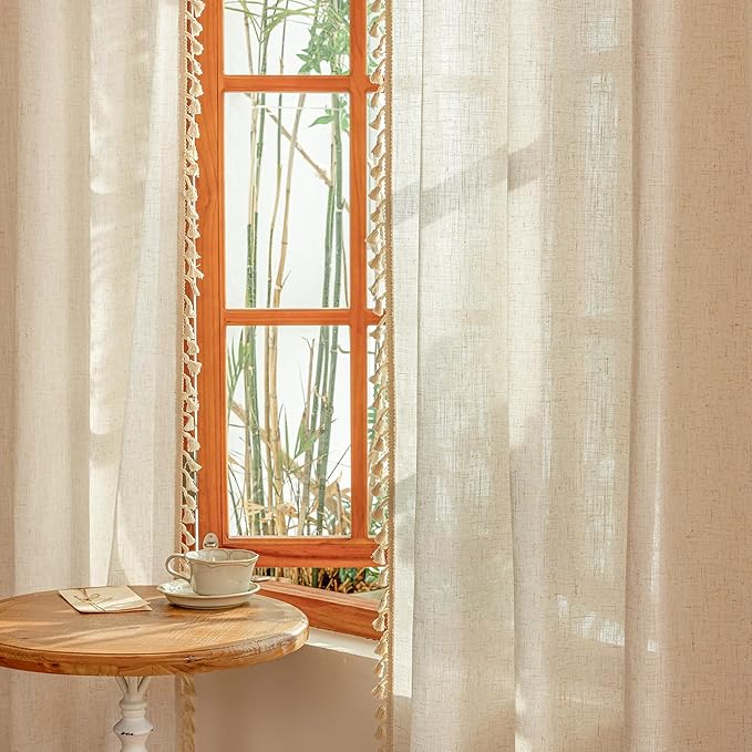 MYSKY HOME Living Room Curtains 90 Inch Length with Macrame，Semi Sheer Curtains Boho Farmhouse Decor Light Filtering Privacy Protect for Sliding Glass Patio Doorways,50" x 90",Linen，2 Panels