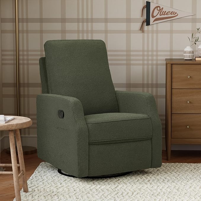 Davinci Lucas Pillowback Swivel Recliner in Cozy Olive Boucle, Greenguard Gold & CertiPUR-US Certified | GREENGUARD Gold Certified Nursery Recliner Chair w/ High Pillow-Back, Padded Arms & Bonus Lumbar Pillow - Manual, 360° Swivel