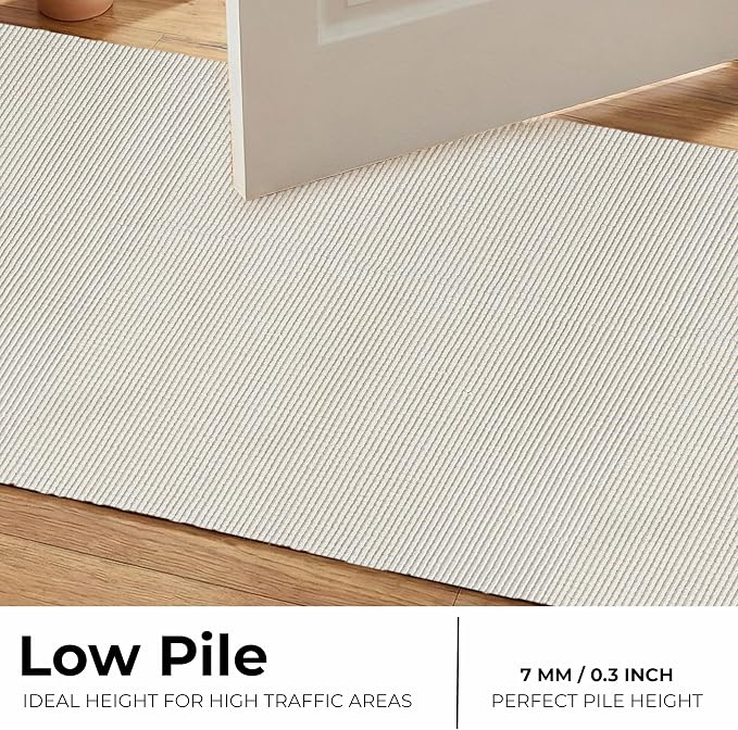 THE BEER VALLEY Woven Kitchen Runner Rug 2x6 Feet - Ivory | Non Slip Outdoor Long Entry Door Runners for Hallways, Washable Indoor Bathroom Low Profile Cream Rugs