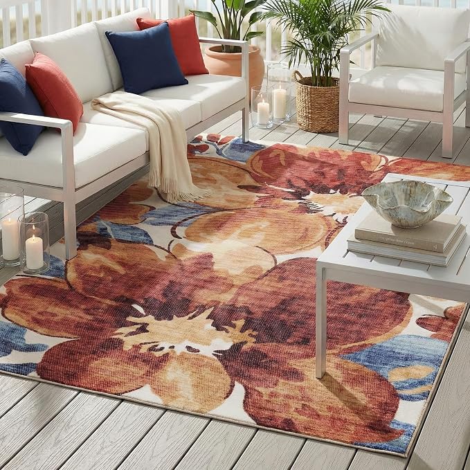 ReaLife Rugs Machine Washable Indoor Outdoor - Mat Rug Foldable Printed Thin Lightweight Cushioned Fade Resistant Patio Deck Dock Porch Pool Balcony Camping - Kai- Red Orange Blue 4' x 6'