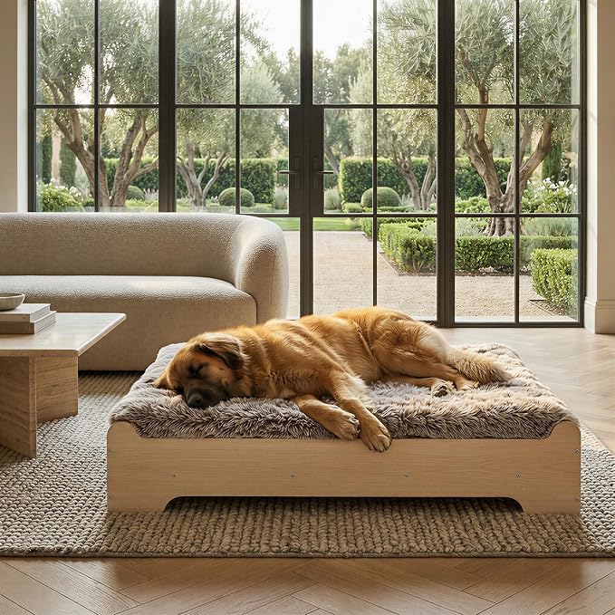 Elevated Wooden Dog Bed with Foam Mattress, Natural Wood, X-Large | Raised Dog Bed with Washable Cover and Supportive Foam Mattress, Crafted for X-Large Dogs and Modern Homes