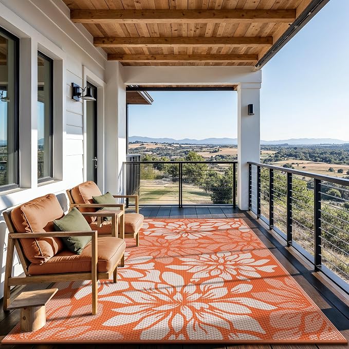 GENIMO Outdoor Rug, Waterproof Plastic Rugs for Patio, 6'x9' Orange Beige | Outside Larger Leaf Carpet Mat for Porch Decor, Deck, Balcony, Camping, RV, Backyard, Picnic, Beach, Reversible, Foldable
