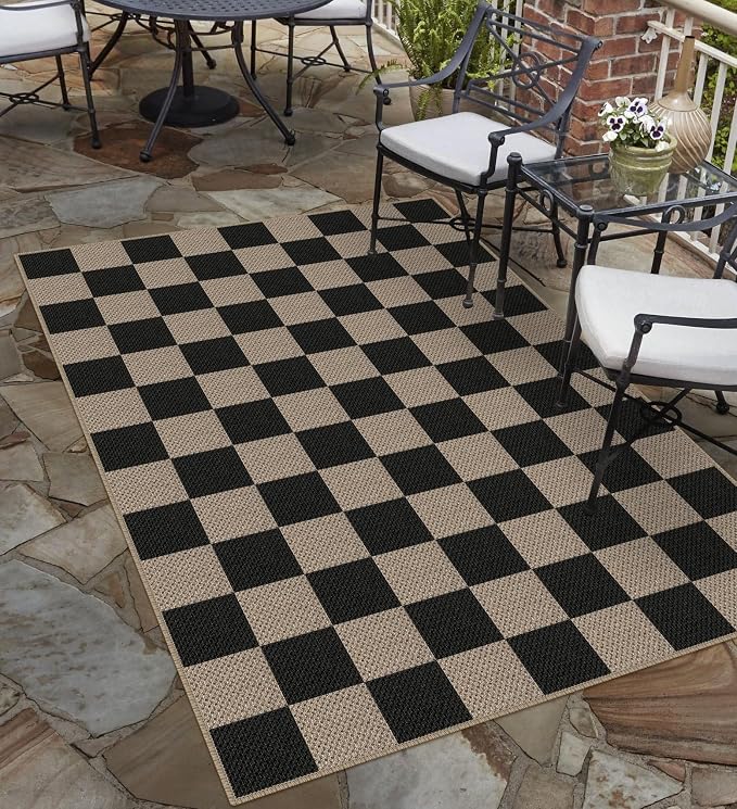 Rugalia Easy Jute Checkered Area Rug, 4x6 Black Modern Washable Rugs for Living Room Non-Slip Low Pile Entryway Mat, Farmhouse Checkerboard Indoor Outdoor Carpet for Kitchen Backyard Bedroom Office