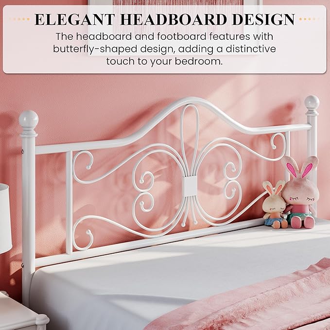 SHA CERLIN Queen Size Metal Bed Frame with Butterfly Headboard, White | Metal Platform Bed for Kids, Wrought Iron-Art Headboard/Footboard, Under-Bed Storage, No Box Spring Needed, Easy Assembly