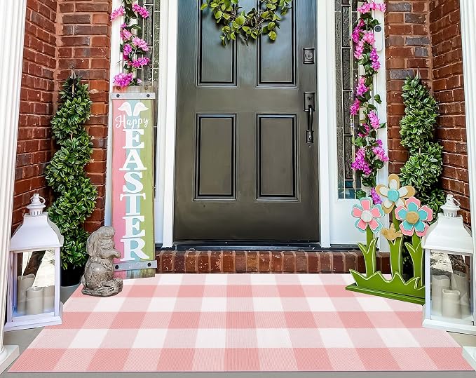 Pink and White Outdoor Rug 2'X4.3' Buffalo Plaid Checked Front Porch Rug Cotton Woven Washable Rug Layering Doormat for Welcome Door Mat Entryway Dining Room Bedroom Living Room