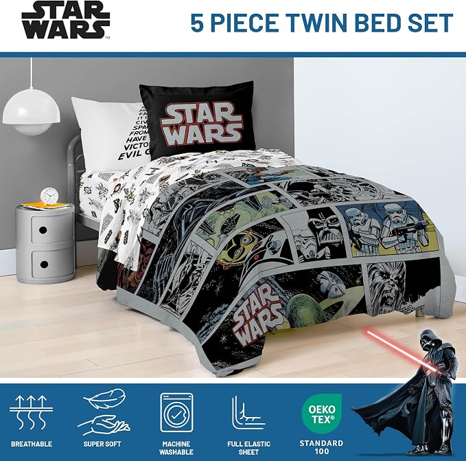 Star Wars Twin Comforter Set 5 Piece Soft Bedding for Boys, Multi | Darth Vader Yoda, Bed in a Bag, Comforter Sheets Sham Pillowcase, Soft Microfiber, Machine Washable, Boys Gift