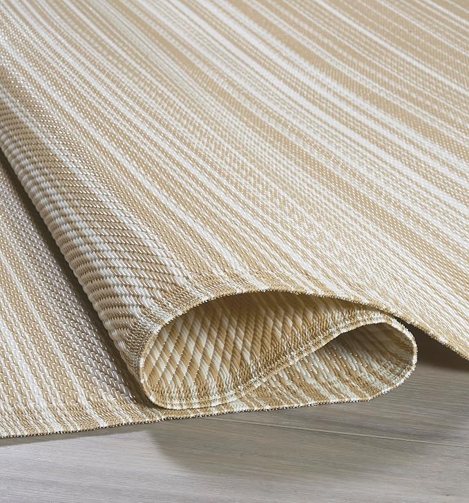 FH Home Outdoor Camping Rug - Waterproof, Fade Resistant, Reversible - Premium Recycled Plastic - Striped - Large Patio, Deck, Sunroom, RV - Havana - Beige - 9 x 12 ft Foldable
