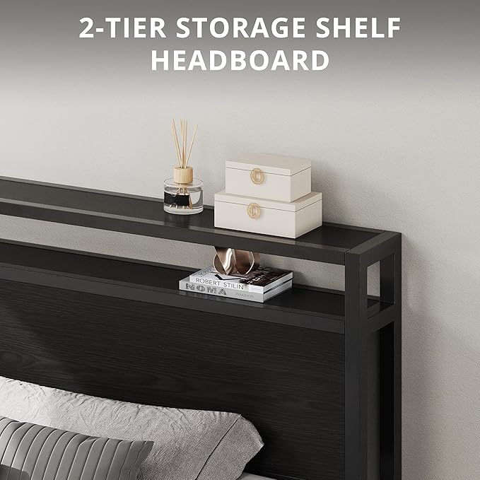 LIKIMIO California King Bed Frames with 2-Tier Storage Shelf Headboard | Dark Wood Platform Bed, Camas California King with Strong Metal Supports,Sturdy,Noise-Free,No Box Spring Needed,Classic Black