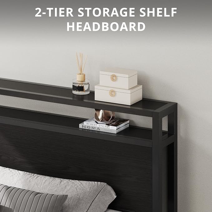 LIKIMIO King Size Bed Frame with 2-Tier Storage Shelf Headboard | Dark Wood Platform Bed, Camas King with Strong Metal Supports, Sturdy, Noise-Free, No Box Spring Needed, Classic Black