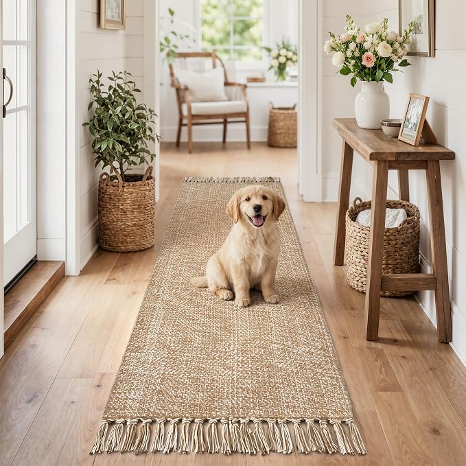 Collive 2' x 6' Kitchen Runner Rug, Modern Farmhouse Washable Bathroom Mat, Boho Hand-Woven Hallway Runner Rugs Tan Reversible Bedroom Carpet for Laundry Entryway Home Decor