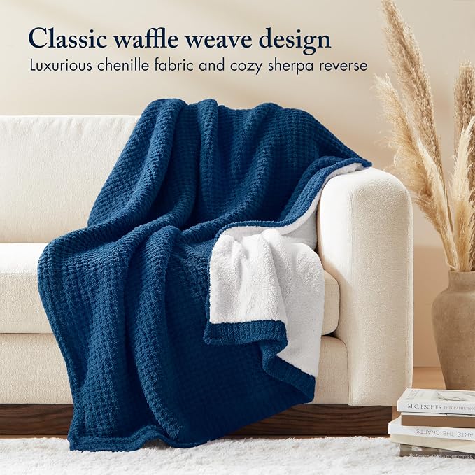 Madison Park Rowan Sherpa Throw Blanket Waffle Weave, 50 x 60, Navy Blue | Cozy Warmth for Sofa or Bed, Reversible, Lightweight, Farmhouse, OEKO-TEX Certified