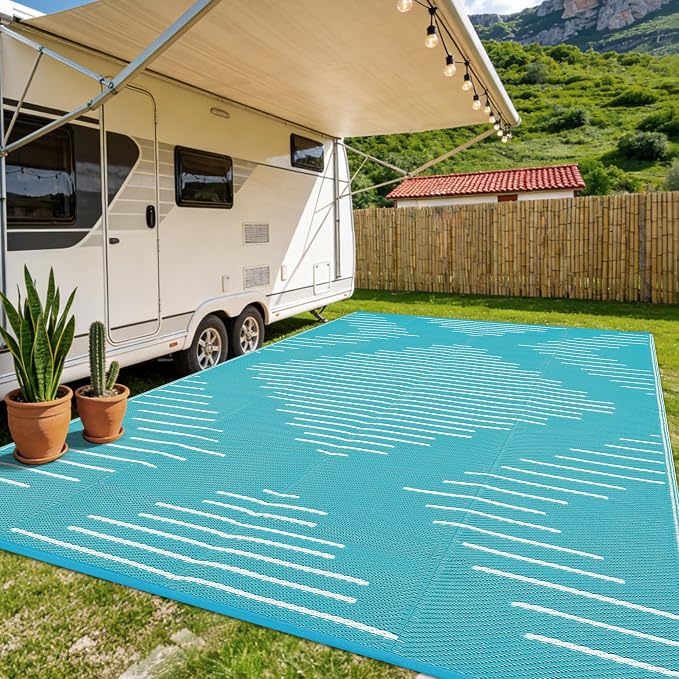 Garvee 10x14 Outdoor Area Rugs Waterproof Easy-Cleaning Plastic Reversible Rugs Indoor Outdoor RV Mat Carpet for Patio Backyard Porch RV Beach Picnic Light Blue White